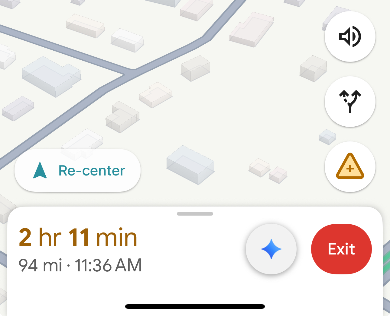 Google Maps navigation screen with a Gemini button beside route controls