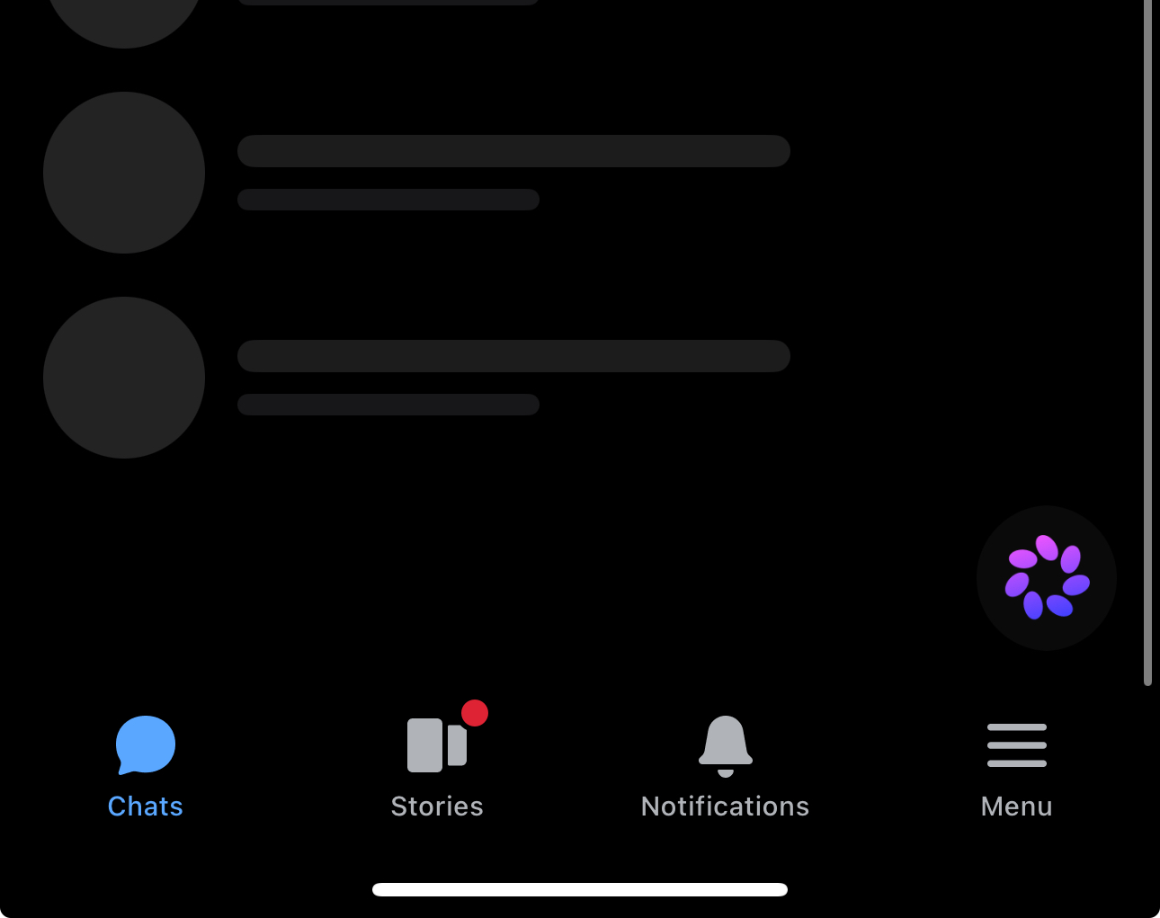 Messenger app showing a Meta AI spinner above the tab bar