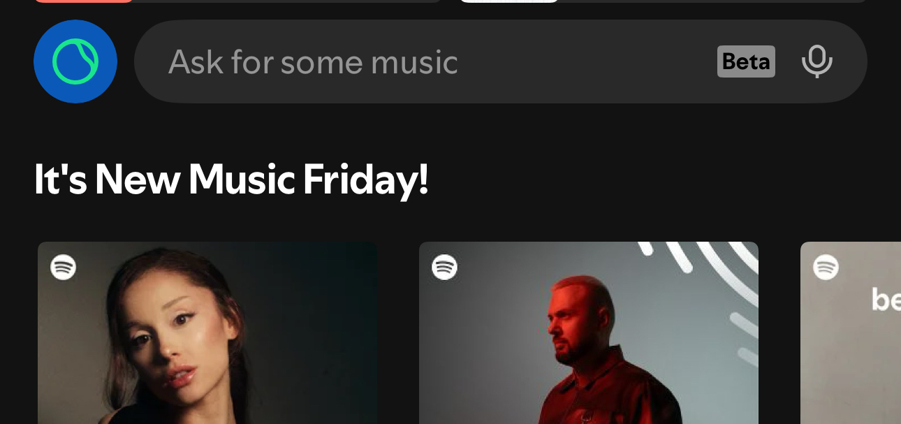Spotify home screen showing the Ask for some music beta prompt